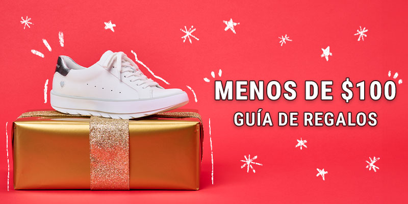 Guía de regalos de compras por menos de $100. Zapatilla Calliope en color blanco sobre un regalo.